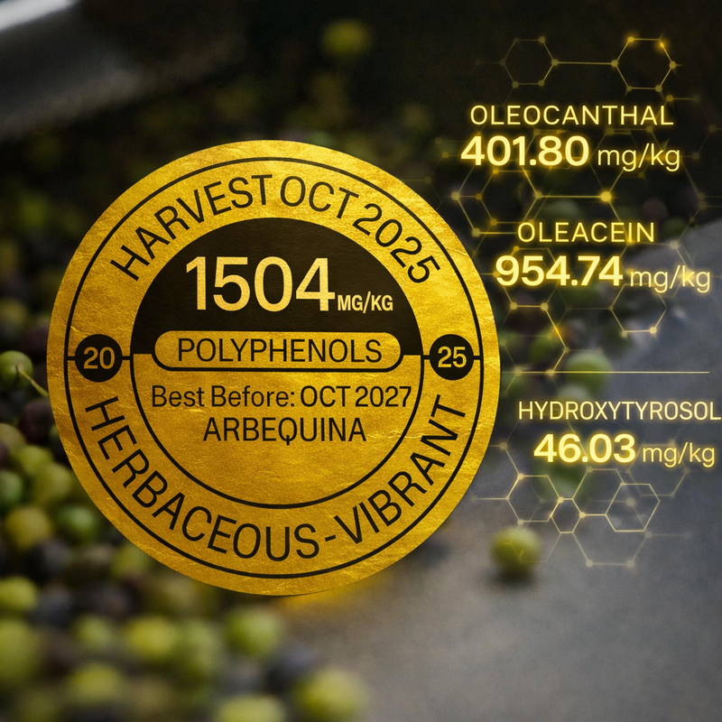 Latest 2025/26: Arbequina EVOO - 500ml Polyphenols: 1504.42 mg/kg