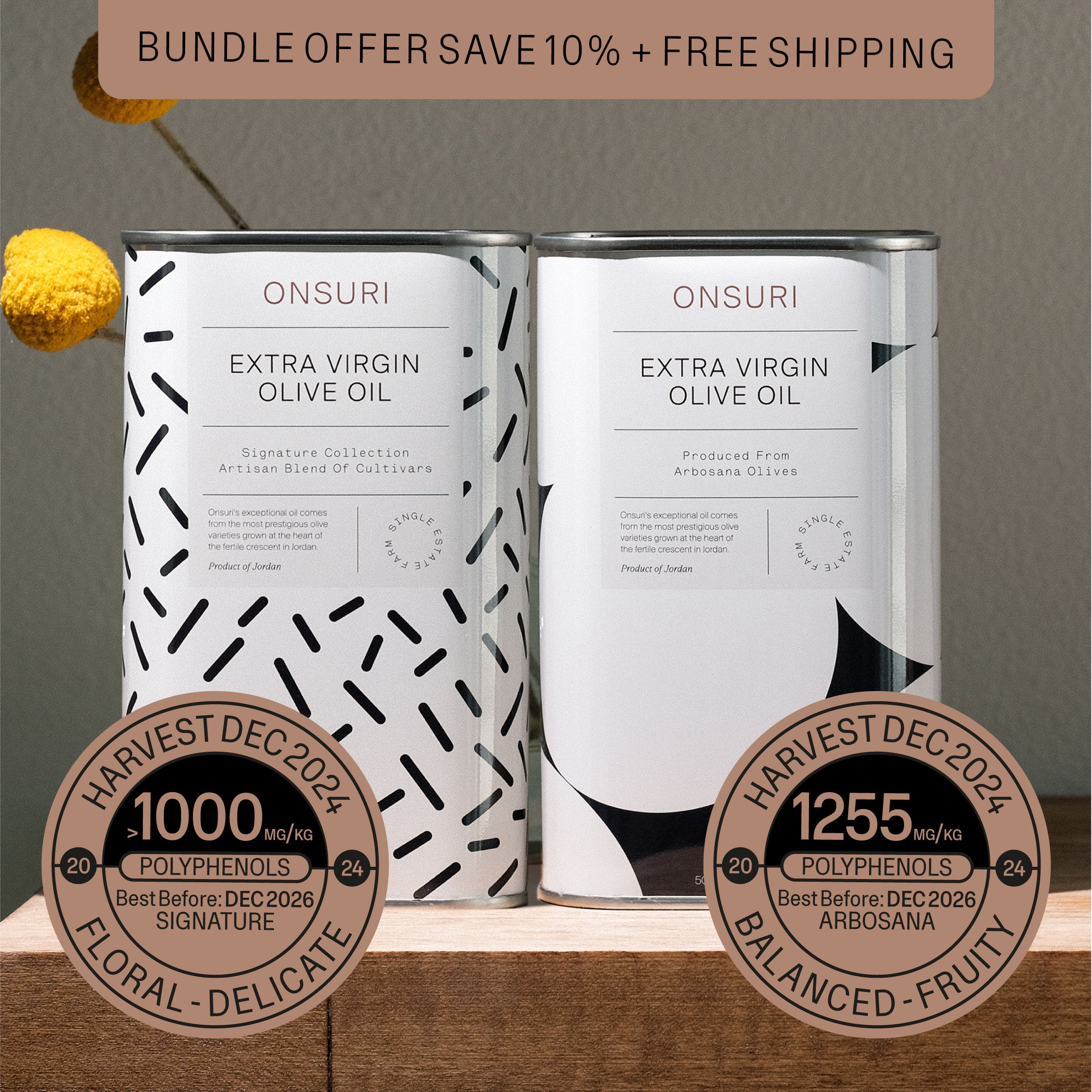 Two tins of Onsuri Extra Virgin Olive Oil - Signature and Arbosana Starter Bundle